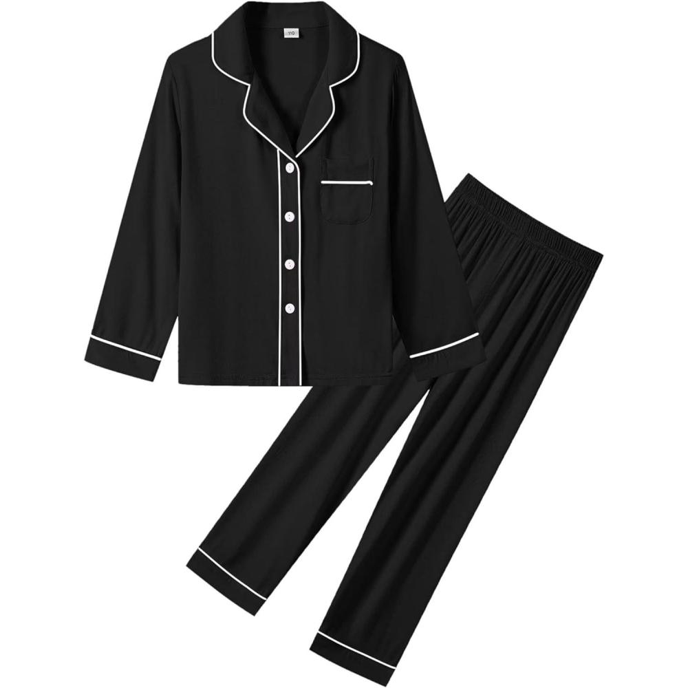 imageSWOMOG Kids Pajamas Sets Girls Boys Long Sleeve Sleepwear 2 Piece Lounge Sets Modal Button Down Pjs Set for 413 YearsBblack2 Piping