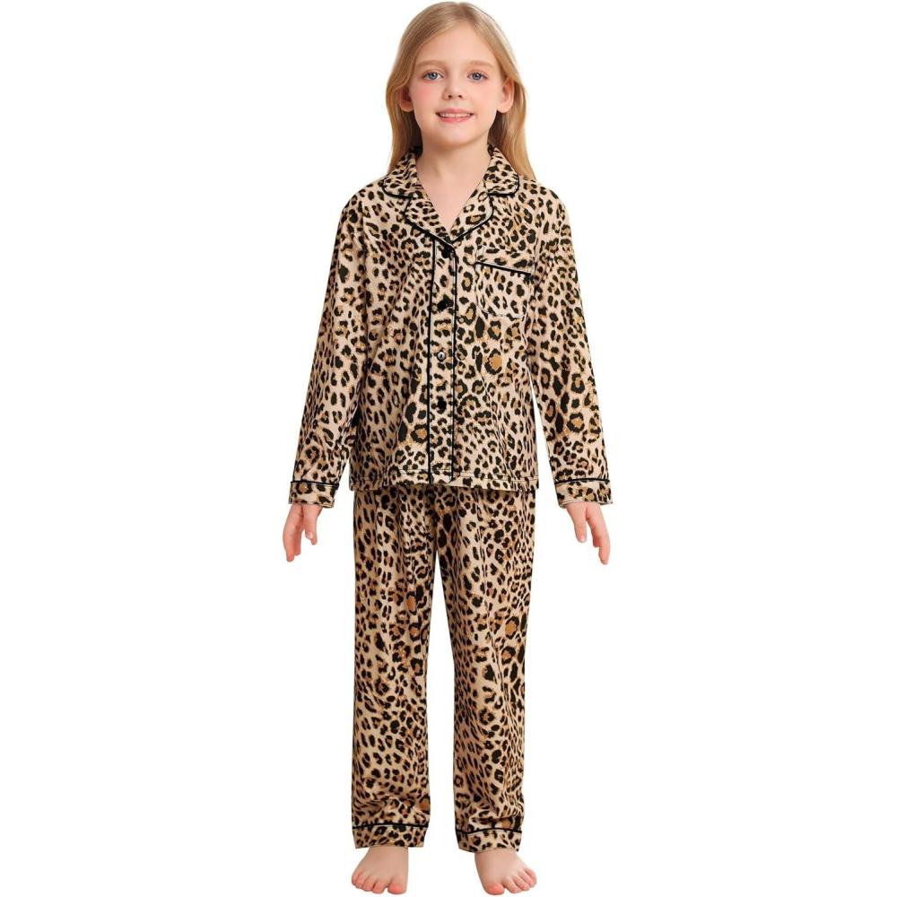 imageSWOMOG Kids Pajamas Sets Girls Boys Long Sleeve Sleepwear 2 Piece Lounge Sets Modal Button Down Pjs Set for 413 YearsBbrown Leopard2 Piping