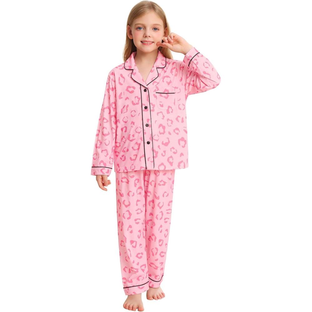 imageSWOMOG Kids Pajamas Sets Girls Boys Long Sleeve Sleepwear 2 Piece Lounge Sets Modal Button Down Pjs Set for 413 YearsBdeep Pink Leopard2 Piping