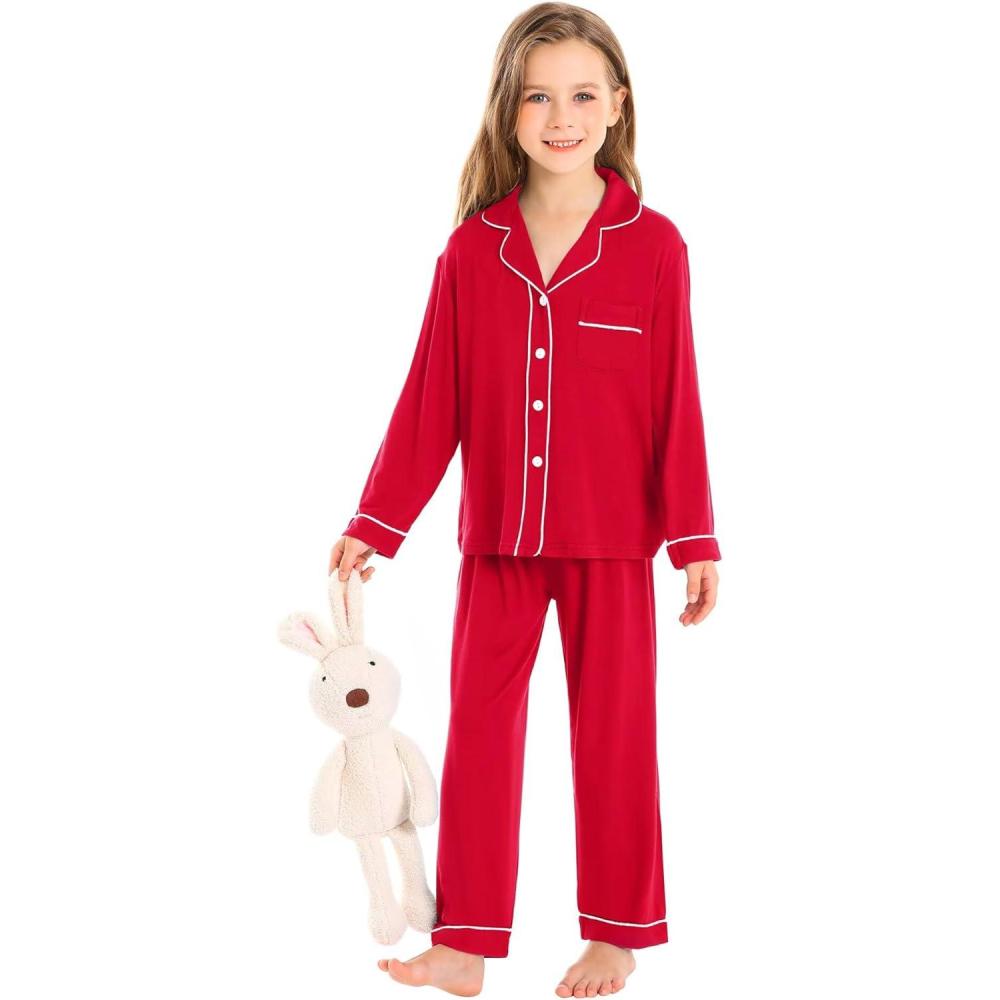imageSWOMOG Kids Pajamas Sets Girls Boys Long Sleeve Sleepwear 2 Piece Lounge Sets Modal Button Down Pjs Set for 413 YearsBred2 Piping
