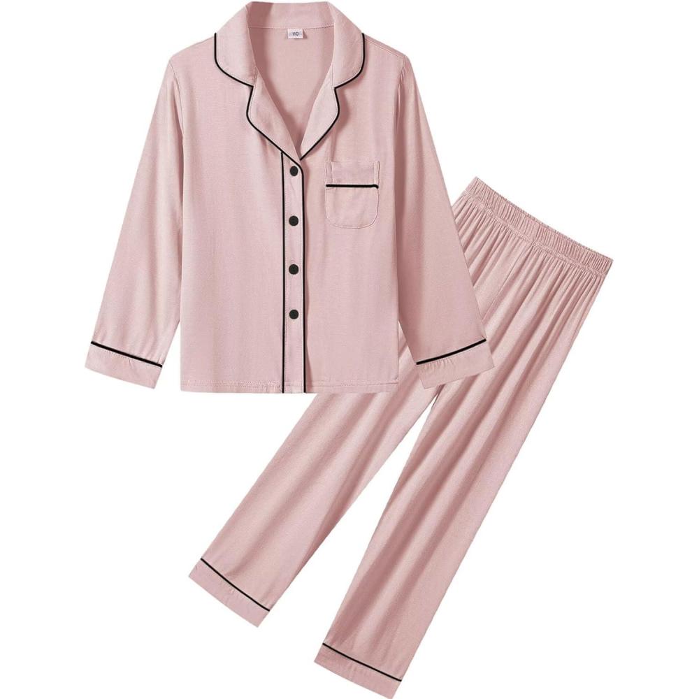imageSWOMOG Kids Pajamas Sets Girls Boys Long Sleeve Sleepwear 2 Piece Lounge Sets Modal Button Down Pjs Set for 413 YearsBtaro Purple2 Piping