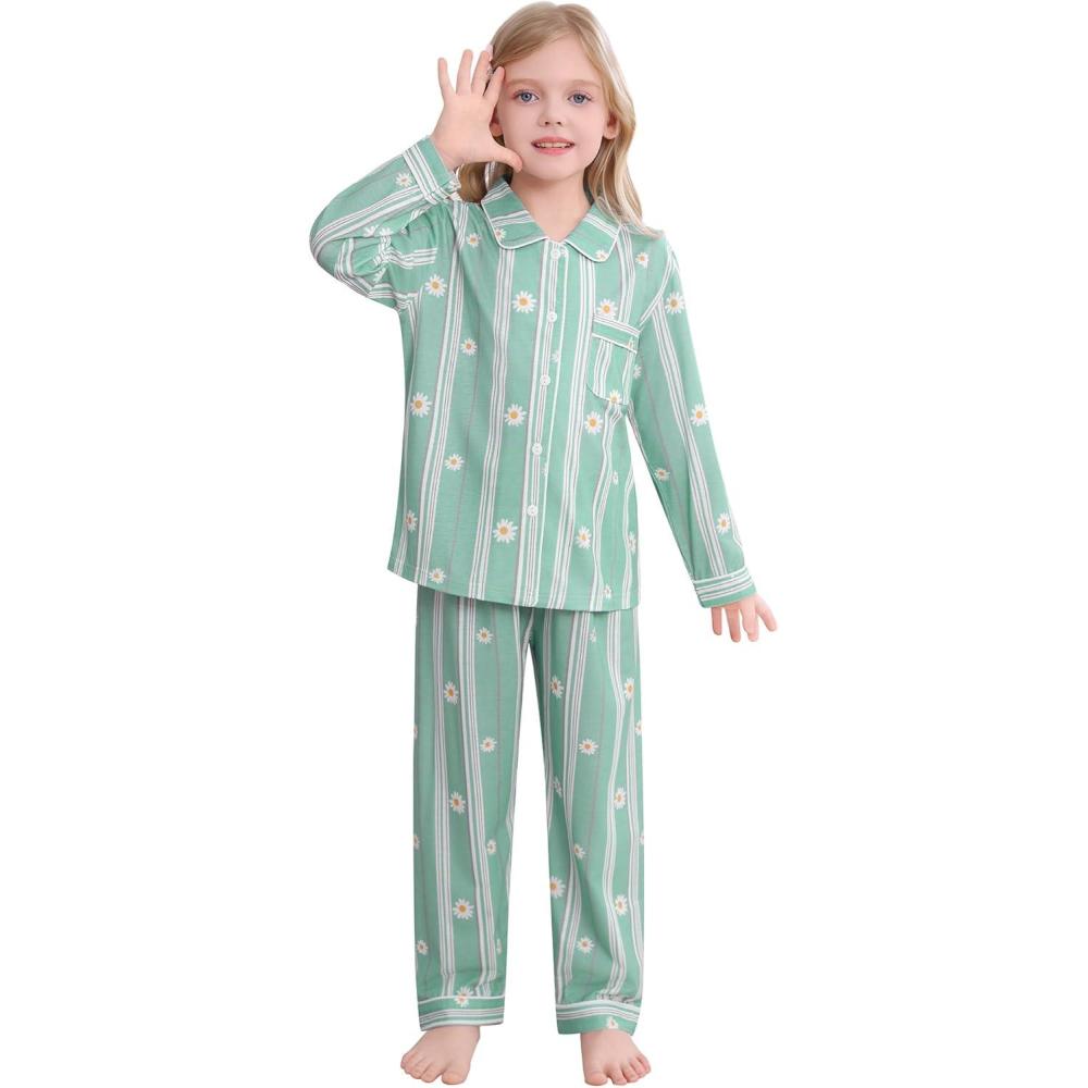 imageSWOMOG Kids Pajamas Sets Girls Boys Long Sleeve Sleepwear 2 Piece Lounge Sets Modal Button Down Pjs Set for 413 YearsZblue Daisy
