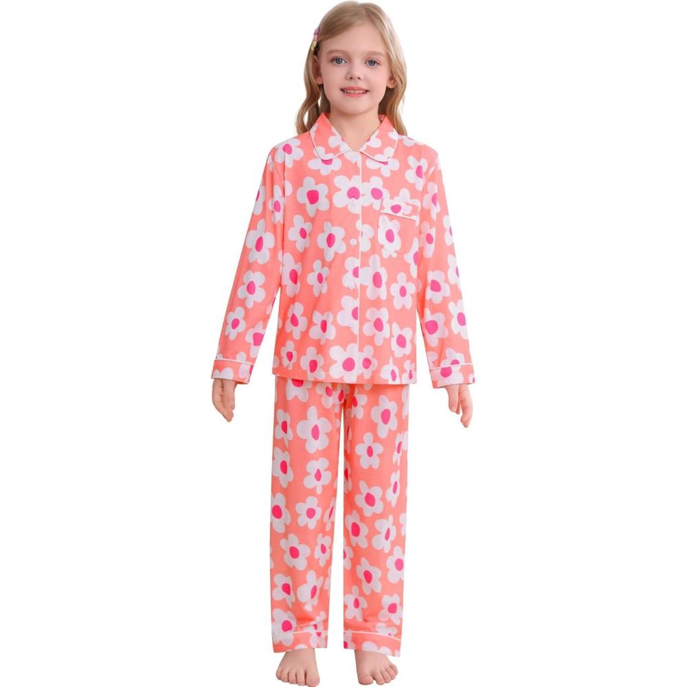 imageSWOMOG Kids Pajamas Sets Girls Boys Long Sleeve Sleepwear 2 Piece Lounge Sets Modal Button Down Pjs Set for 413 YearsZpink Flower