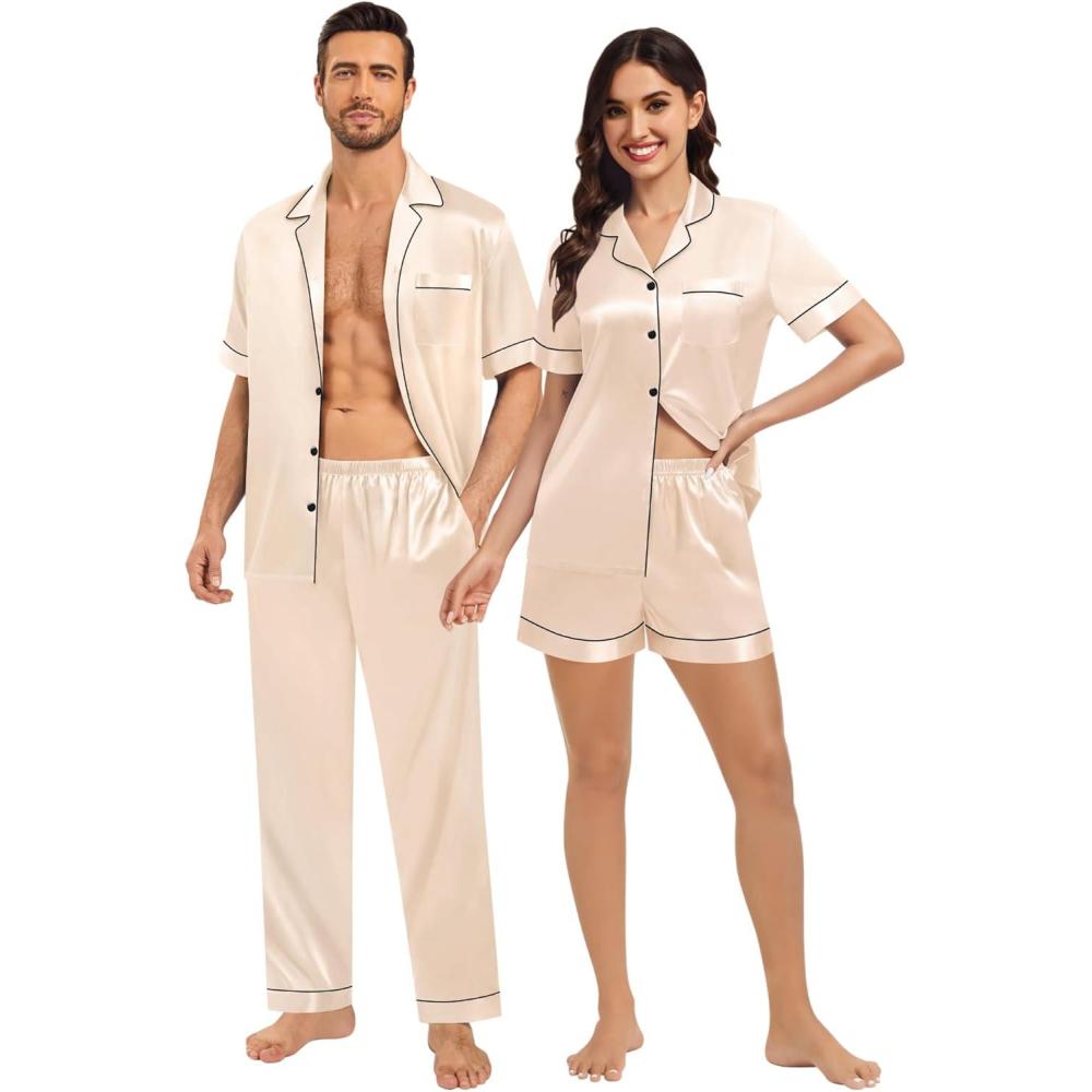 imageSWOMOG Matching Pajamas for Couples Satin Short Sleeve Sleepwear WomenMen Silk Soft Button Down Nightwear 2 Pcs LoungewearChampagne