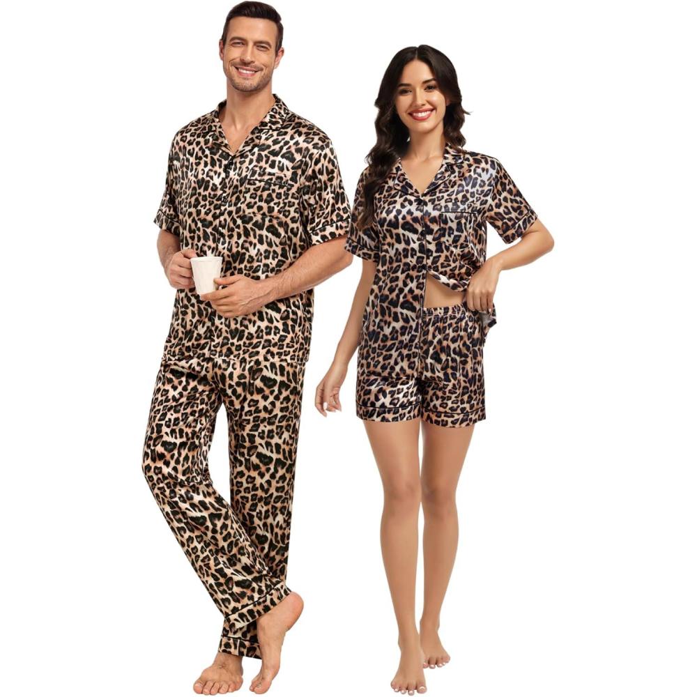 imageSWOMOG Matching Pajamas for Couples Satin Short Sleeve Sleepwear WomenMen Silk Soft Button Down Nightwear 2 Pcs LoungewearLeopard