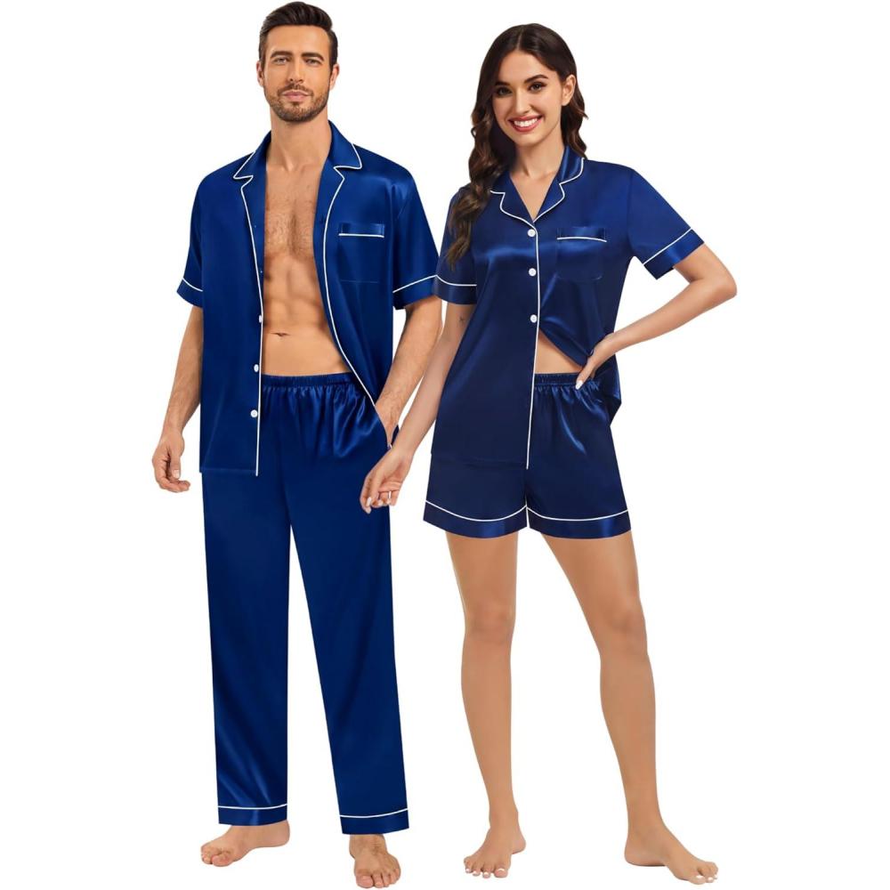 imageSWOMOG Matching Pajamas for Couples Satin Short Sleeve Sleepwear WomenMen Silk Soft Button Down Nightwear 2 Pcs LoungewearNavy Blue