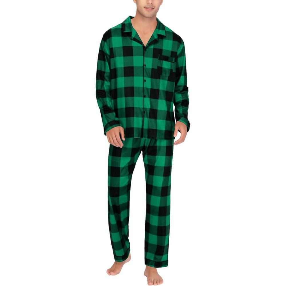 imageSWOMOG Mens Christmas Pajamas Sets Long Sleeve Button Down Pjs Mens Sleepwear Soft 2 Pcs Loungewear Nightwear with PocketsBlack Green Grid