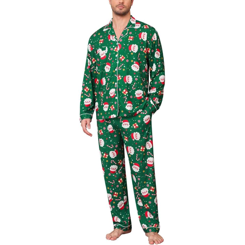 imageSWOMOG Mens Christmas Pajamas Sets Long Sleeve Button Down Pjs Mens Sleepwear Soft 2 Pcs Loungewear Nightwear with PocketsGreen Christmas Santa