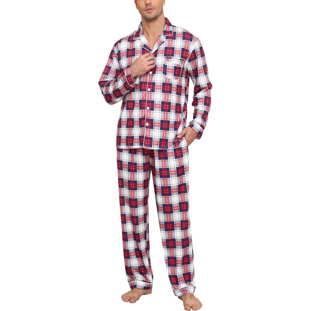 imageSWOMOG Mens Christmas Pajamas Sets Long Sleeve Button Down Pjs Mens Sleepwear Soft 2 Pcs Loungewear Nightwear with PocketsNavy Blue Grid