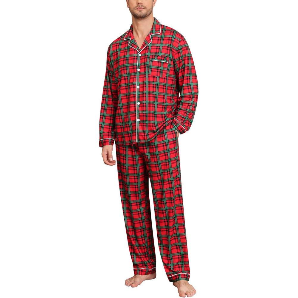 imageSWOMOG Mens Christmas Pajamas Sets Long Sleeve Button Down Pjs Mens Sleepwear Soft 2 Pcs Loungewear Nightwear with PocketsRed Green Grid