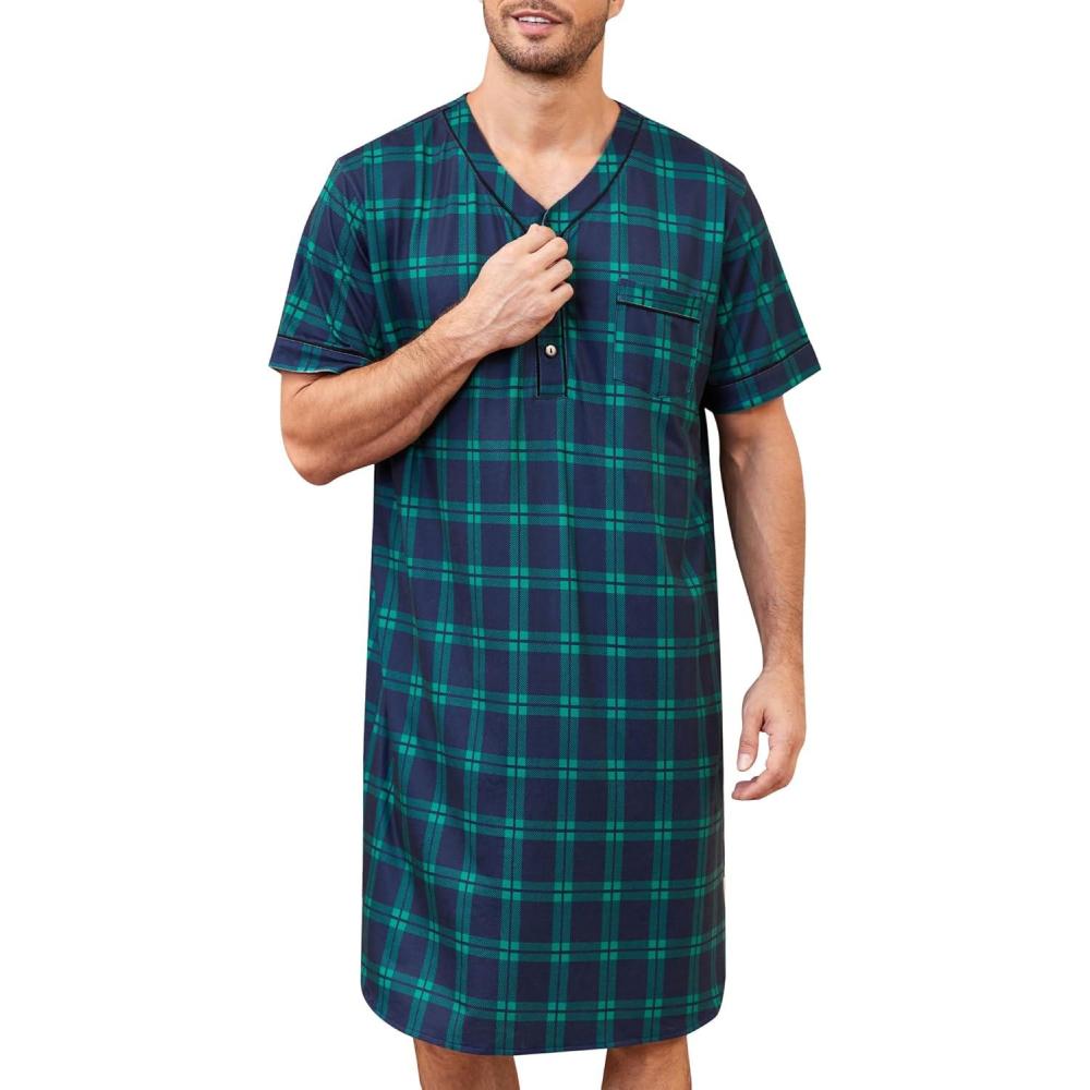 imageSWOMOG Mens Nightgown Short Sleeve Lounge Sleep Henley Shirt Pajama Big amp Tall Nightshirt Comfy Nightwear M3XLGreen Black Plaid