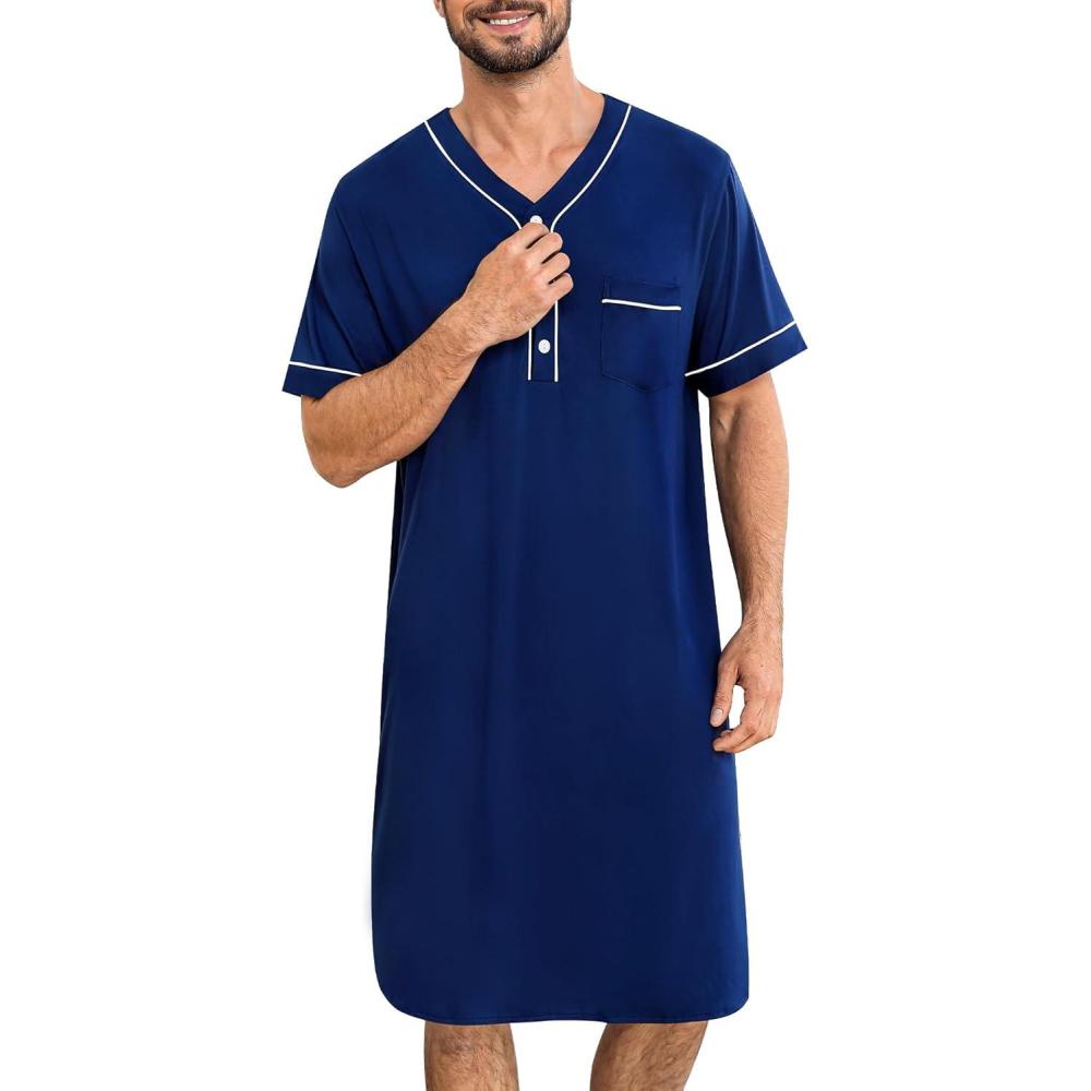 imageSWOMOG Mens Nightgown Short Sleeve Lounge Sleep Henley Shirt Pajama Big amp Tall Nightshirt Comfy Nightwear M3XLNavy Blue