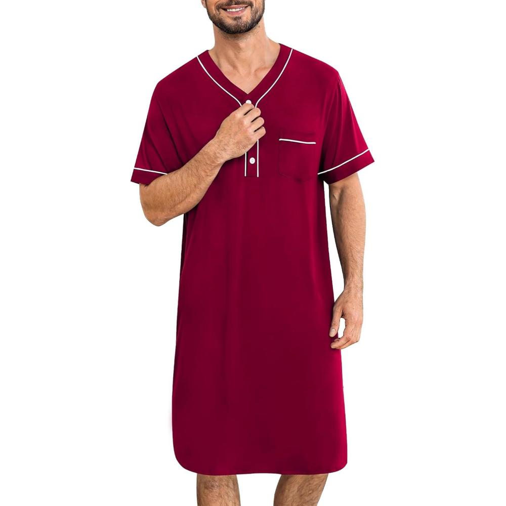 imageSWOMOG Mens Nightgown Short Sleeve Lounge Sleep Henley Shirt Pajama Big amp Tall Nightshirt Comfy Nightwear M3XLWine Red