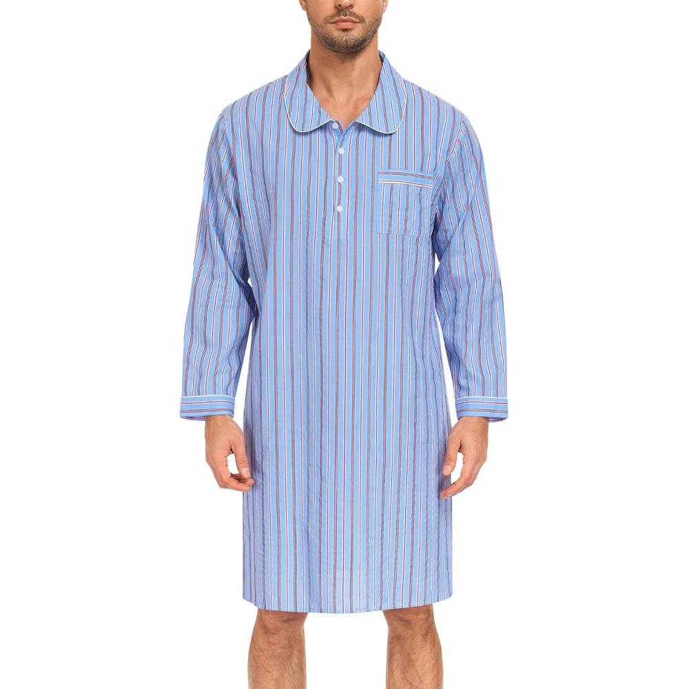 imageSWOMOG Mens Nightshirt 100 Cotton Long Sleeve Sleep Shirt Button Down Nightgown Soft Sleepwear Comfy Nightwear SXXXLBlue Stripes