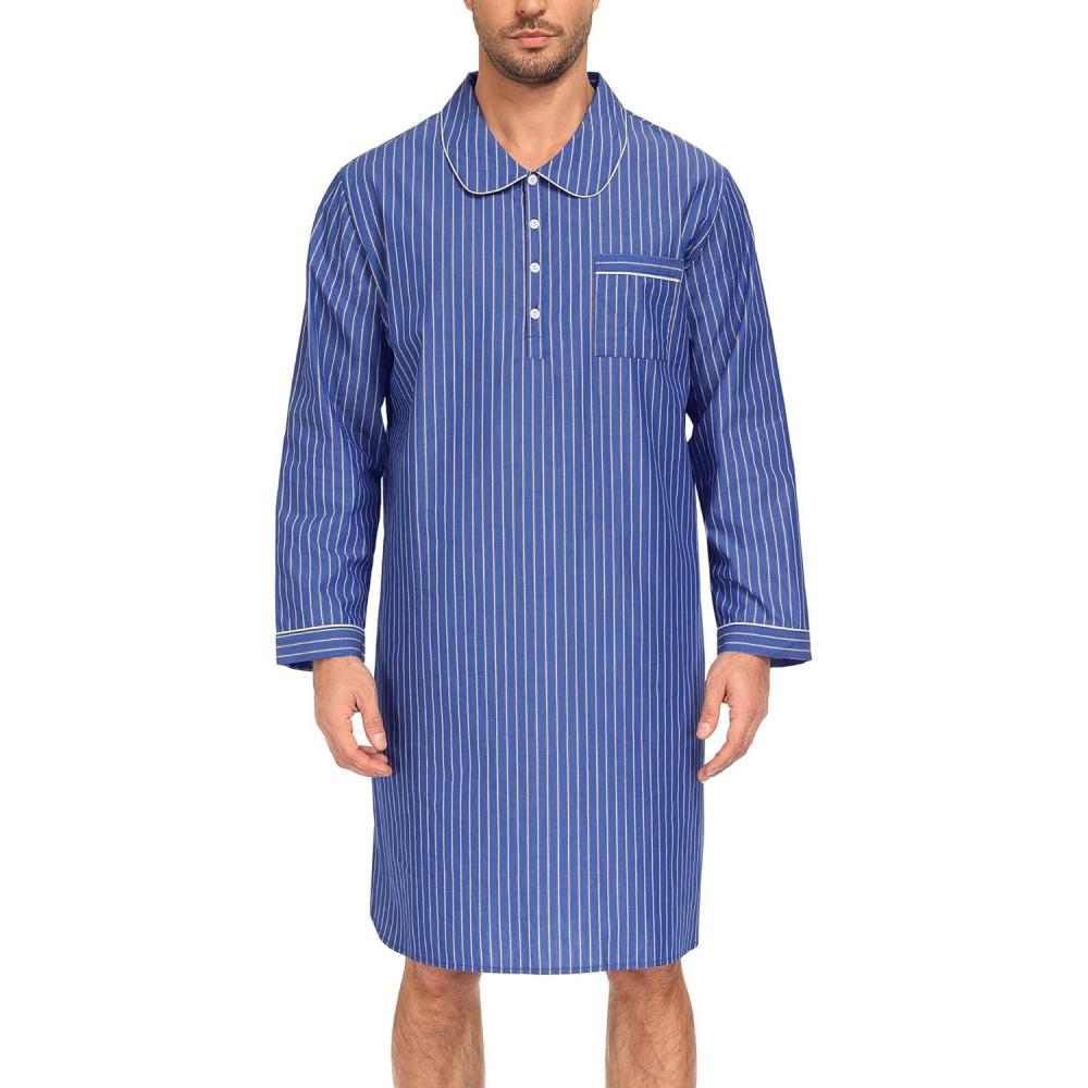 imageSWOMOG Mens Nightshirt 100 Cotton Long Sleeve Sleep Shirt Button Down Nightgown Soft Sleepwear Comfy Nightwear SXXXLLight Blue White Stripes