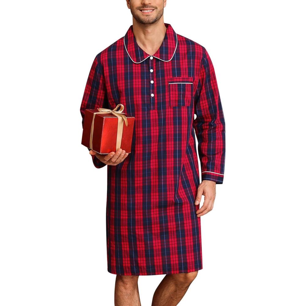 imageSWOMOG Mens Nightshirt 100 Cotton Long Sleeve Sleep Shirt Button Down Nightgown Soft Sleepwear Comfy Nightwear SXXXLRed Blue Grid