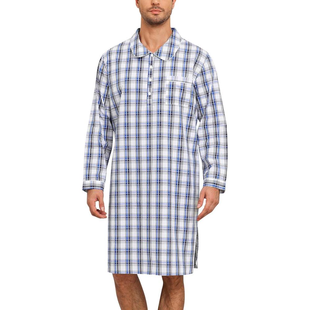 imageSWOMOG Mens Nightshirt 100 Cotton Long Sleeve Sleep Shirt Button Down Nightgown Soft Sleepwear Comfy Nightwear SXXXLWhite Blue Grid