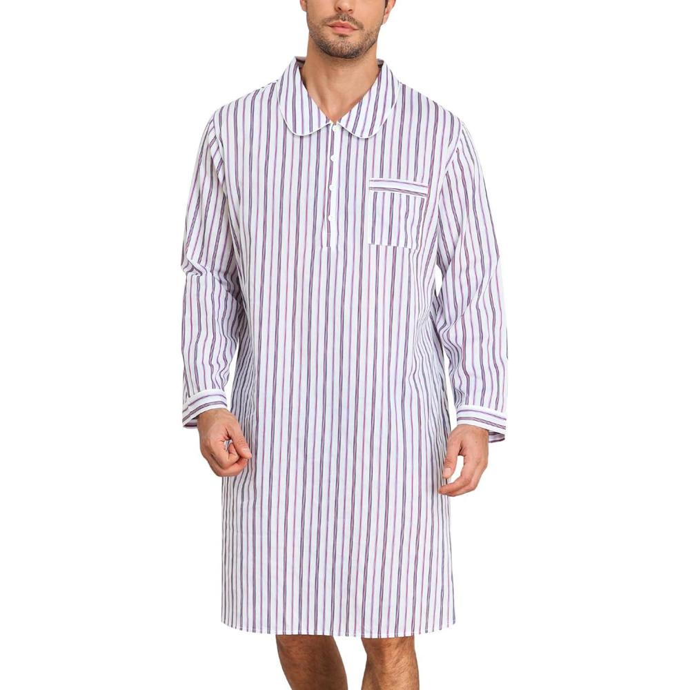 imageSWOMOG Mens Nightshirt 100 Cotton Long Sleeve Sleep Shirt Button Down Nightgown Soft Sleepwear Comfy Nightwear White Stripes Large