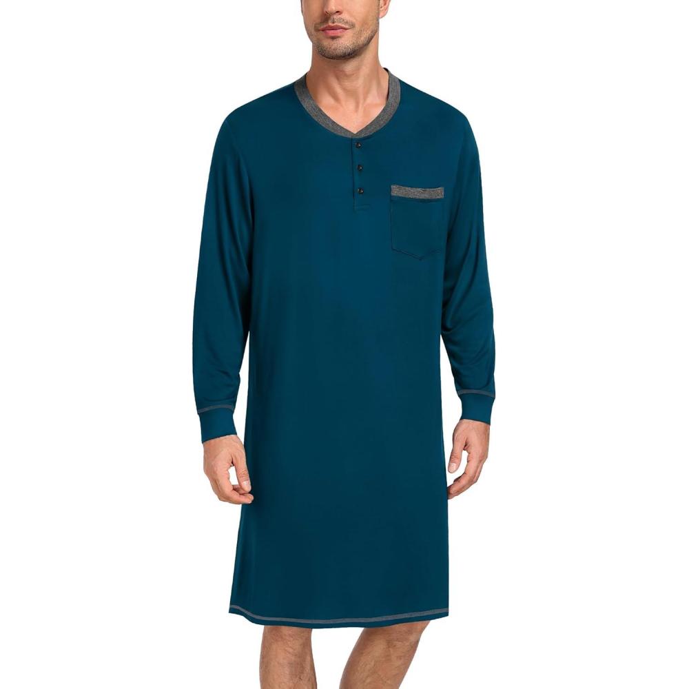 imageSWOMOG Mens Nightshirt Modal Long Sleeve Nightgown Henley Night Shirts Sleepwear Big amp Tall Nightwear SXXXLDark Navy Blue