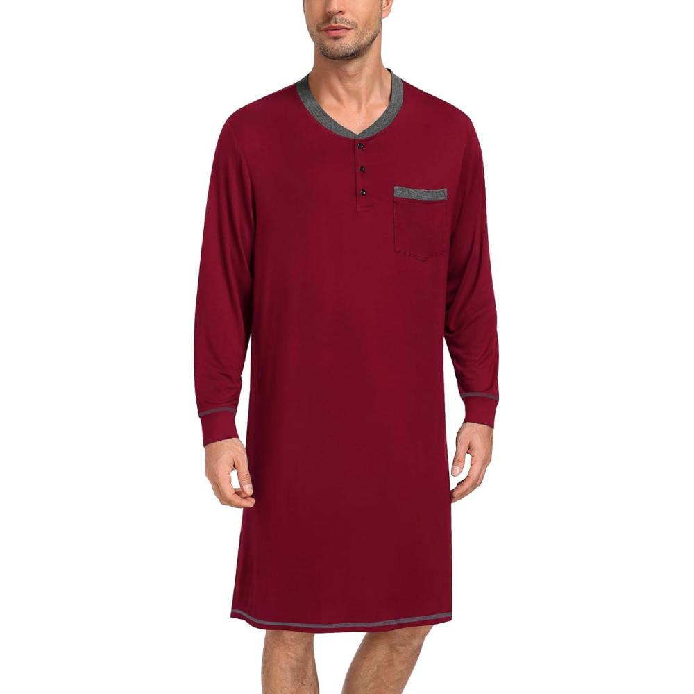 imageSWOMOG Mens Nightshirt Modal Long Sleeve Nightgown Henley Night Shirts Sleepwear Big amp Tall Nightwear SXXXLDeep Wine Red