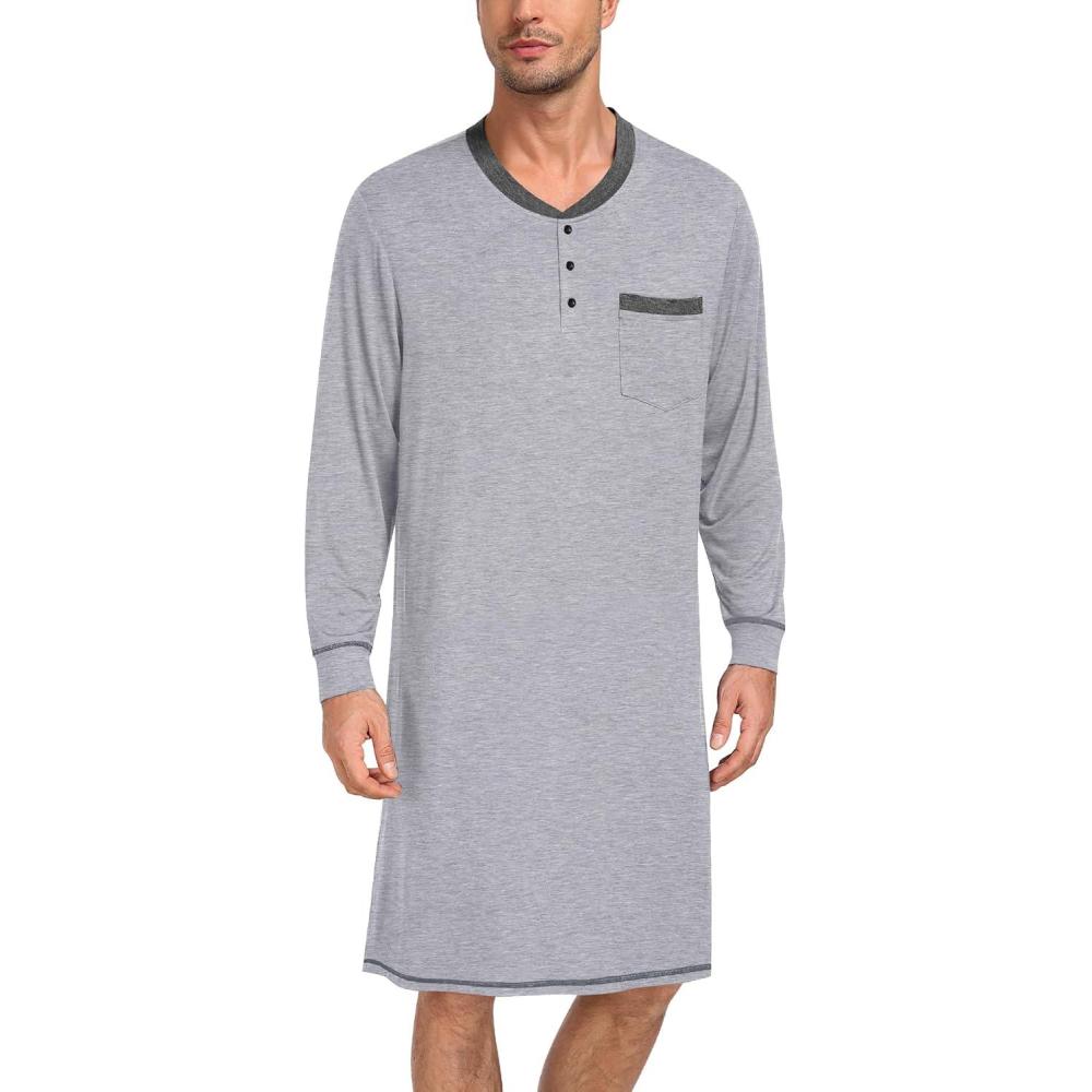 imageSWOMOG Mens Nightshirt Modal Long Sleeve Nightgown Henley Night Shirts Sleepwear Big amp Tall Nightwear SXXXLGrey