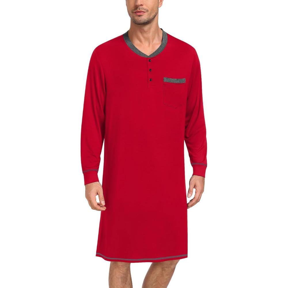 imageSWOMOG Mens Nightshirt Modal Long Sleeve Nightgown Henley Night Shirts Sleepwear Big amp Tall Nightwear SXXXLRed
