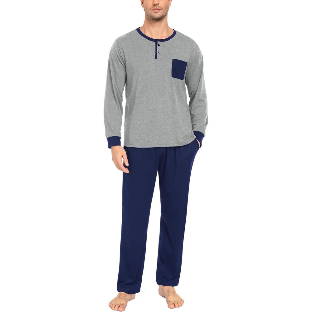 imageSWOMOG Mens Pajamas Set Long Sleeve Mens Sleepwear Pj Sets Henley Shirts and Pants Soft 2 Pcs Lounge Sets with PocketsGrey