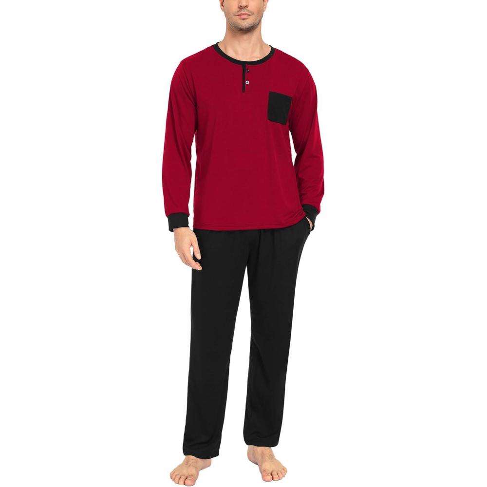 imageSWOMOG Mens Pajamas Set Long Sleeve Mens Sleepwear Pj Sets Henley Shirts and Pants Soft 2 Pcs Lounge Sets with PocketsWine Red