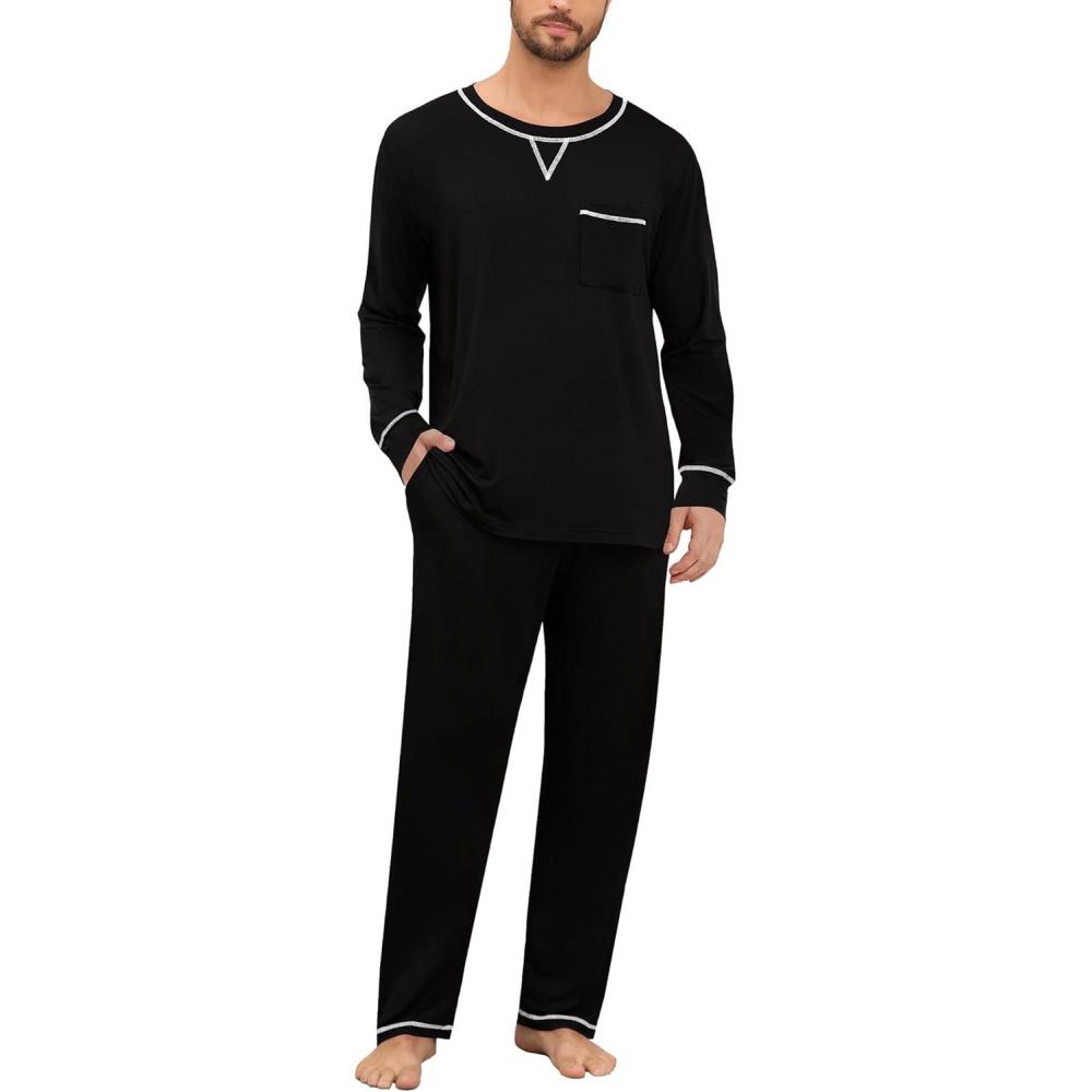 imageSWOMOG Mens Pajamas Set Modal Long Sleeve Sleepwear Crew Neck Pjs 2 Piece Loungewear Nightshirt Top amp Pants with PocketsBlack