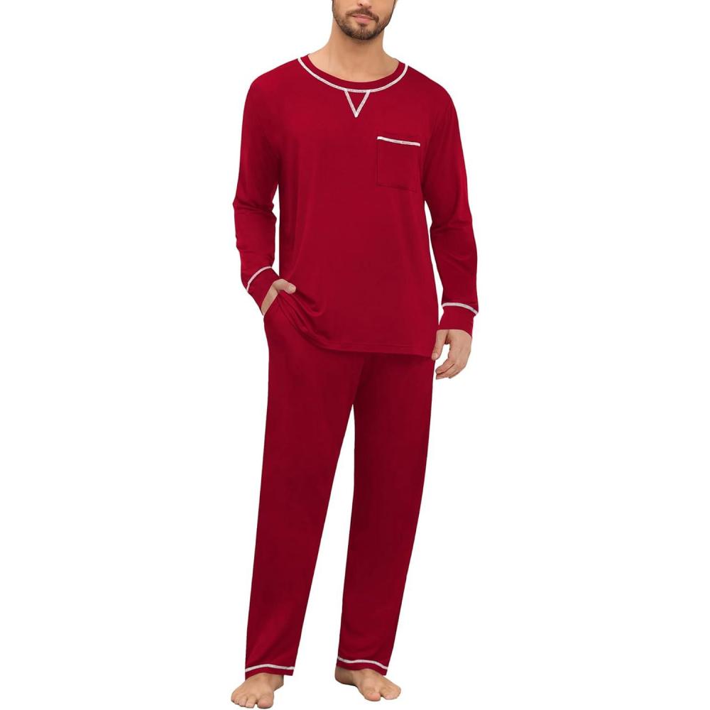 imageSWOMOG Mens Pajamas Set Modal Long Sleeve Sleepwear Crew Neck Pjs 2 Piece Loungewear Nightshirt Top amp Pants with PocketsRed