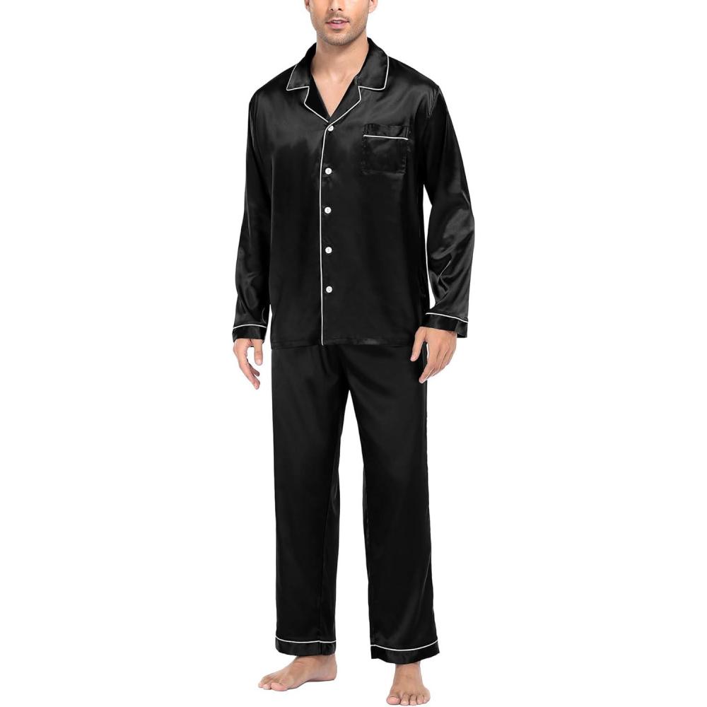 imageSWOMOG Mens Silk Satin Pajamas Set Long Sleeve Sleepwear ButtonDown Pj Twopiece Loungewear with Long Pants SXXLBlack