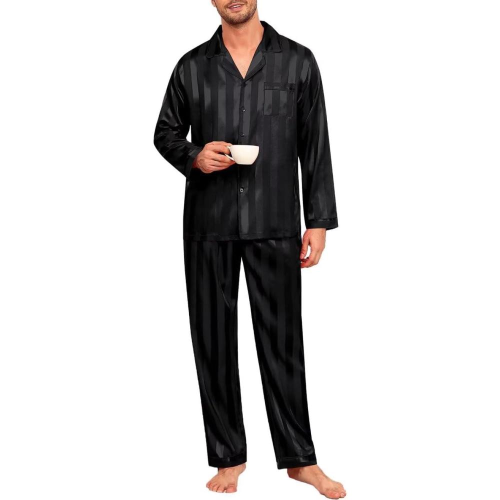imageSWOMOG Mens Silk Satin Pajamas Set Long Sleeve Sleepwear ButtonDown Pj Twopiece Loungewear with Long Pants SXXLBlack Stripe