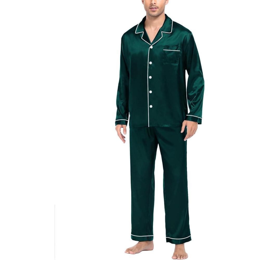 imageSWOMOG Mens Silk Satin Pajamas Set Long Sleeve Sleepwear ButtonDown Pj Twopiece Loungewear with Long Pants SXXLDeep Green