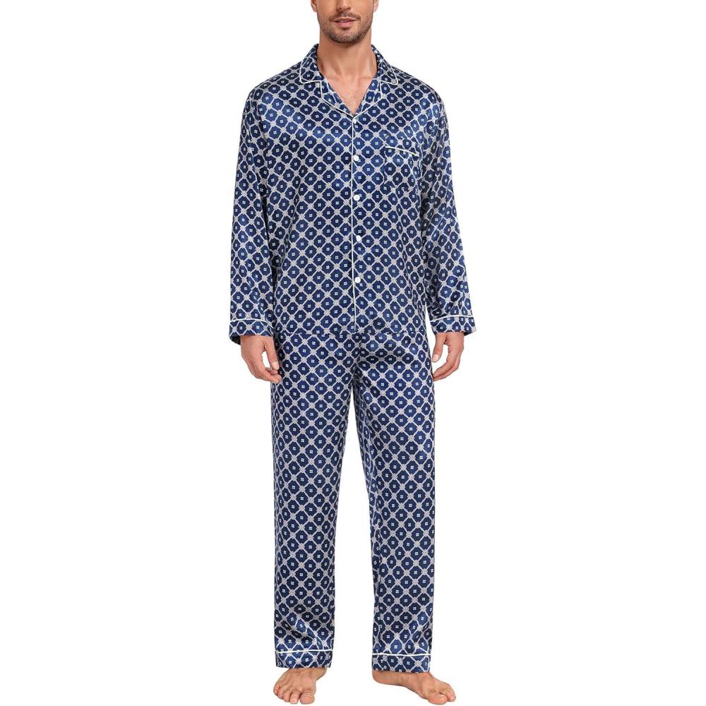 imageSWOMOG Mens Silk Satin Pajamas Set Long Sleeve Sleepwear ButtonDown Pj Twopiece Loungewear with Long Pants SXXLNavy Blue Flower