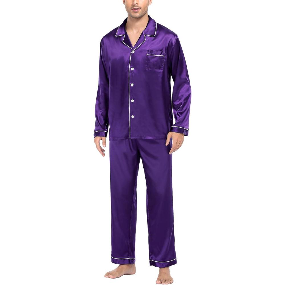 imageSWOMOG Mens Silk Satin Pajamas Set Long Sleeve Sleepwear ButtonDown Pj Twopiece Loungewear with Long Pants SXXLPurple