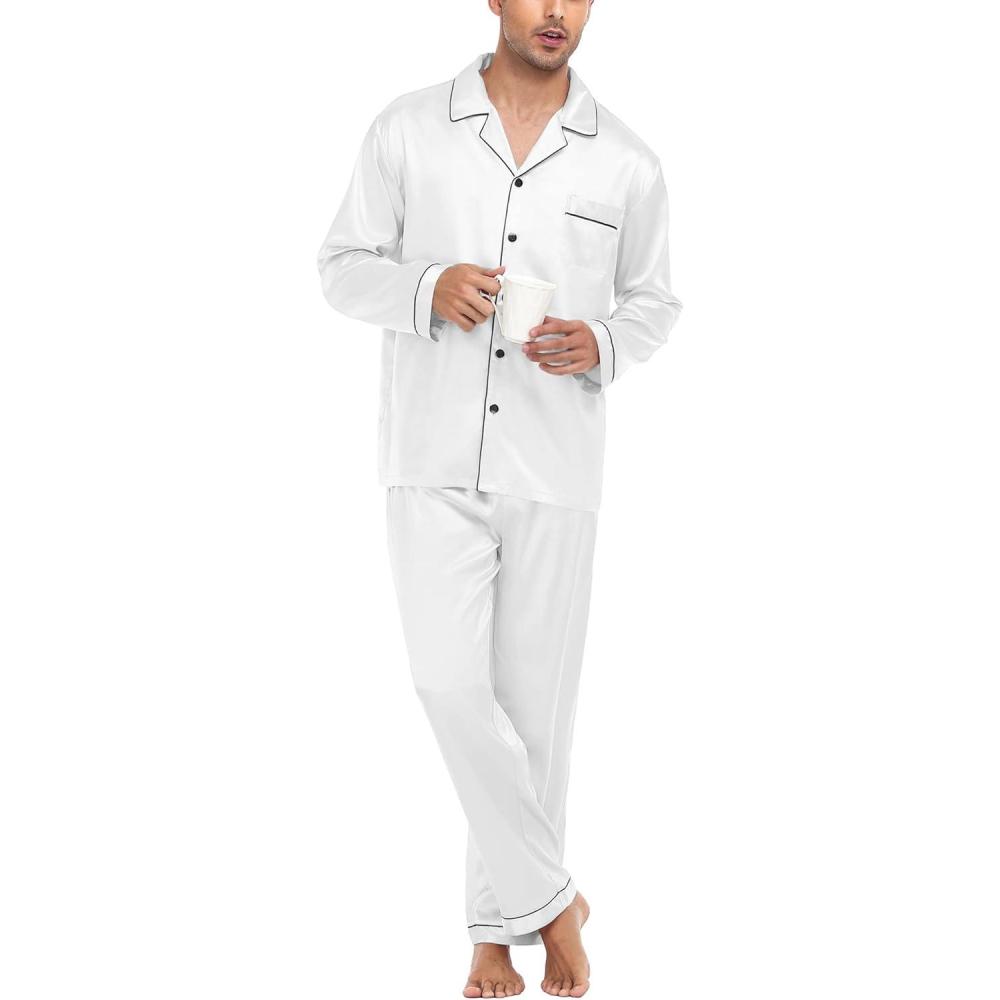 imageSWOMOG Mens Silk Satin Pajamas Set Long Sleeve Sleepwear ButtonDown Pj Twopiece Loungewear with Long Pants SXXLWhite