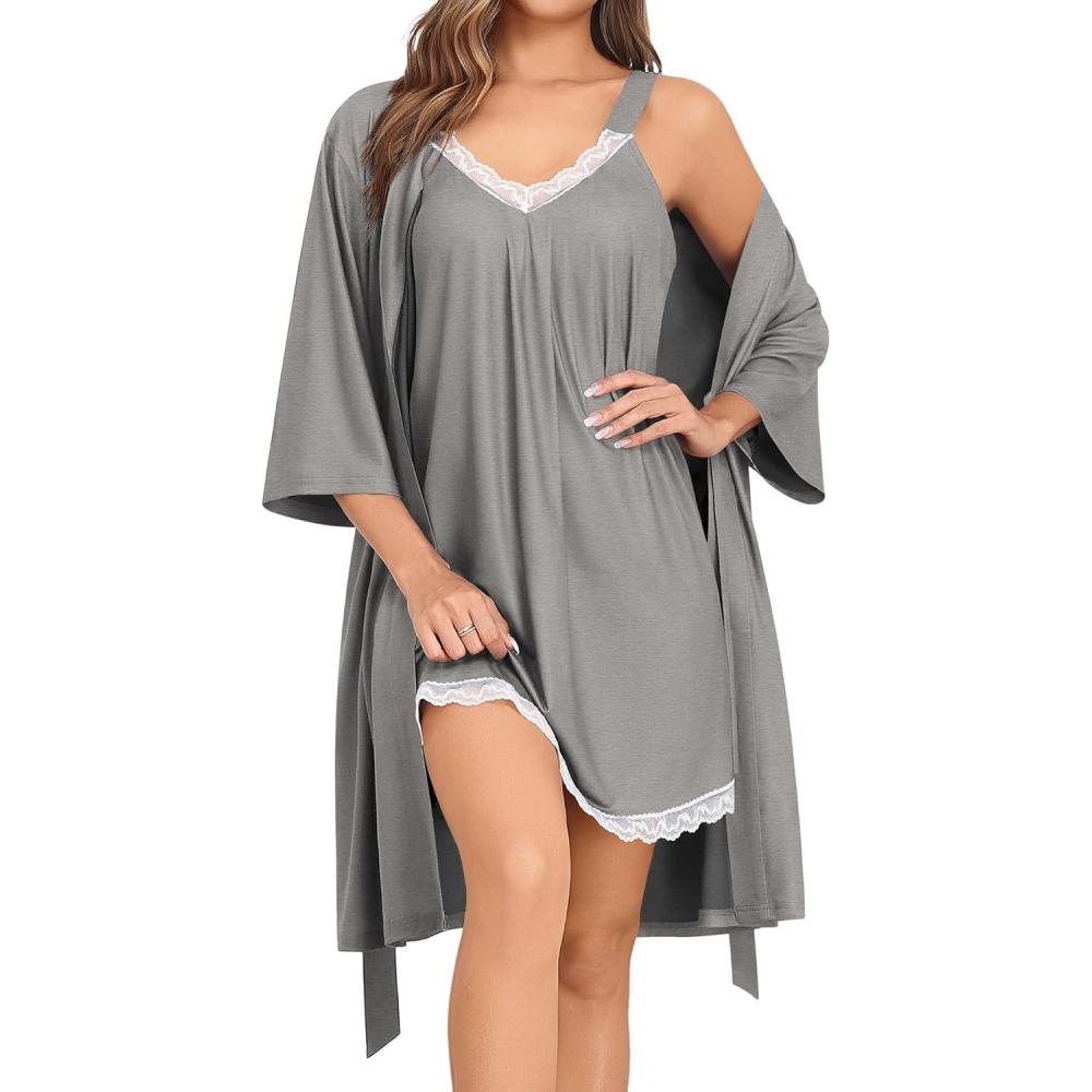 imageSWOMOG Nightgown and Robe Sets for Women 2 Piece Sleeveless Sexy Lace Strap Pajamas and 34 Sleeves Bathrobe with PocketsDeep Grey