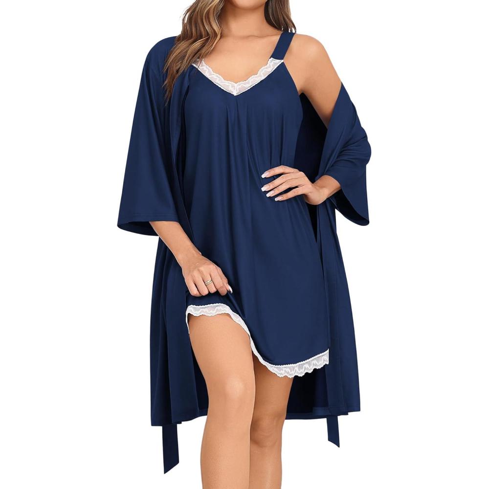 imageSWOMOG Nightgown and Robe Sets for Women 2 Piece Sleeveless Sexy Lace Strap Pajamas and 34 Sleeves Bathrobe with PocketsNavy Blue
