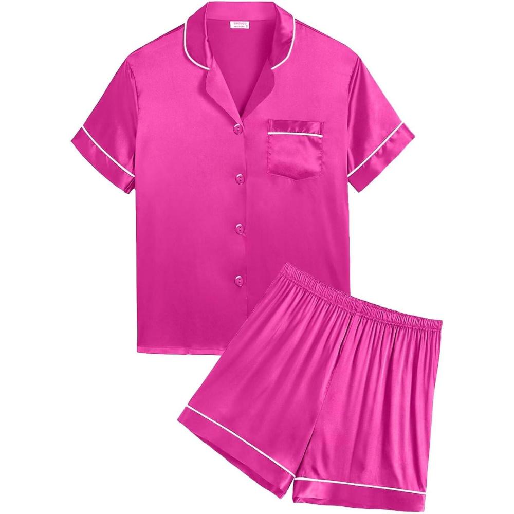 imageSWOMOG Silk Pajamas for Kids Girls Satin Pj Set Boys Sleepwear Button Down Short Sleeve Loungewear 2 PiecesRose Red
