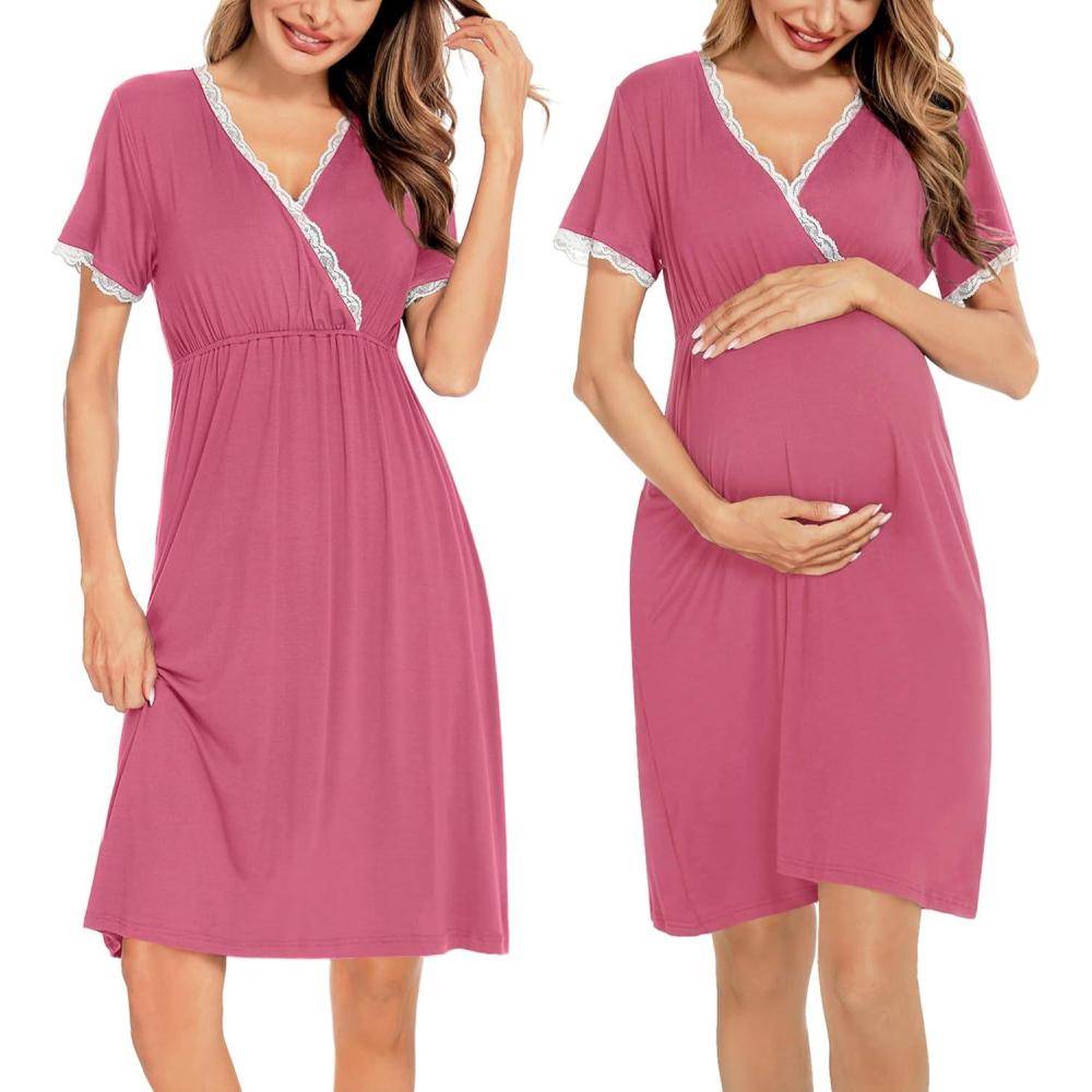imageSWOMOG Women 3 in 1 DeliveryLaborNursing Nightgown Short Sleeve Pleated Maternity Sleepwear for BreastfeedingCoral