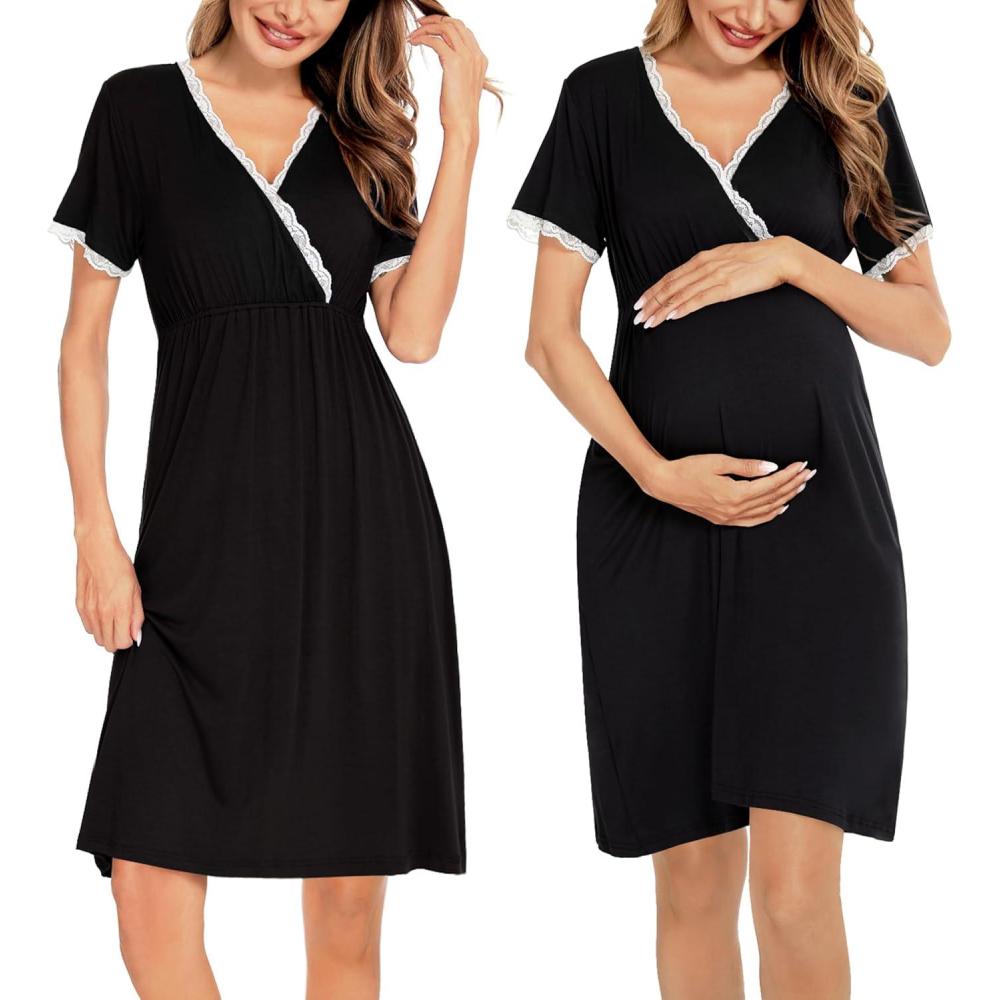 imageSWOMOG Women 3 in 1 DeliveryLaborNursing Nightgown Short Sleeve Pleated Maternity Sleepwear for BreastfeedingSleeve Short Black