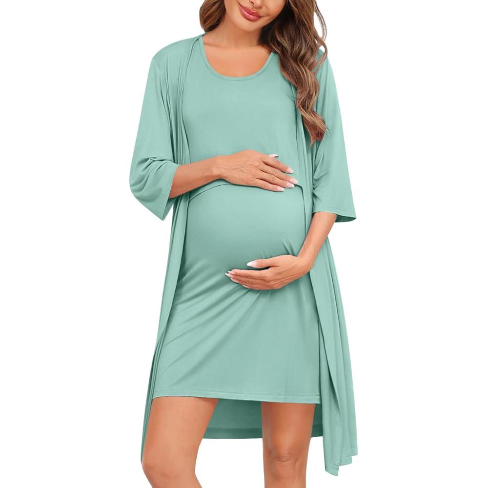 imageSWOMOG Women Maternity Nursing Gown and 34 Sleeve Robe Set Labor Delivery Nightgown Breastfeeding Hospital BathrobeAqua Green