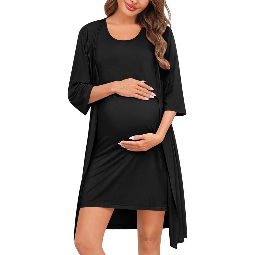 imageSWOMOG Women Maternity Nursing Gown and 34 Sleeve Robe Set Labor Delivery Nightgown Breastfeeding Hospital BathrobeBlack