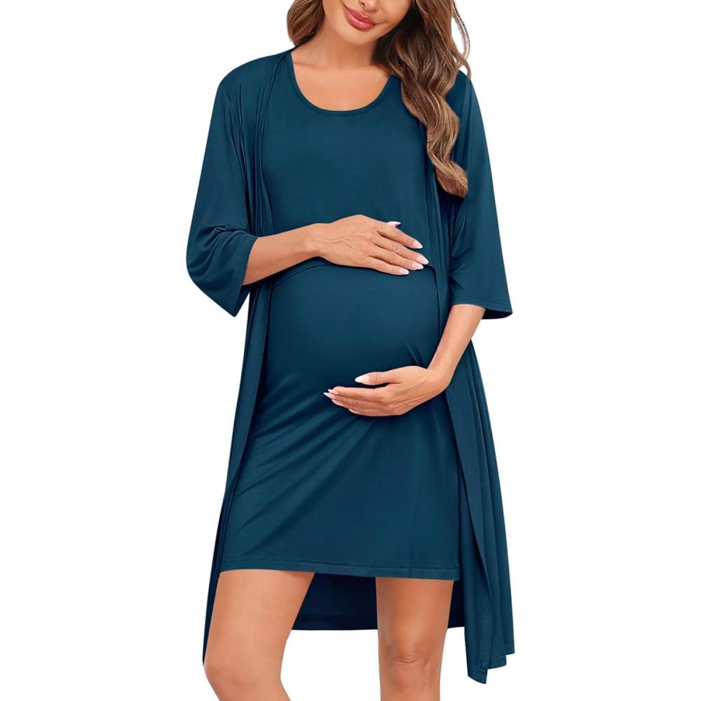 imageSWOMOG Women Maternity Nursing Gown and 34 Sleeve Robe Set Labor Delivery Nightgown Breastfeeding Hospital BathrobeOxford Blue