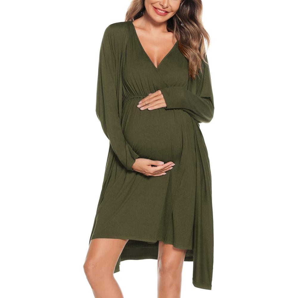 imageSWOMOG Women Maternity Nursing Gown and Robe Set 3 in 1 Labor Delivery Nursing Nightgown for Breastfeeding Hospital BathrobeArmy Green