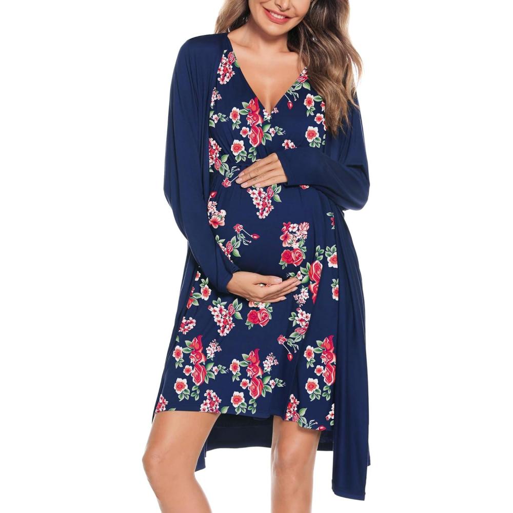 imageSWOMOG Women Maternity Nursing Gown and Robe Set 3 in 1 Labor Delivery Nursing Nightgown for Breastfeeding Hospital BathrobeBlue  Red Flower