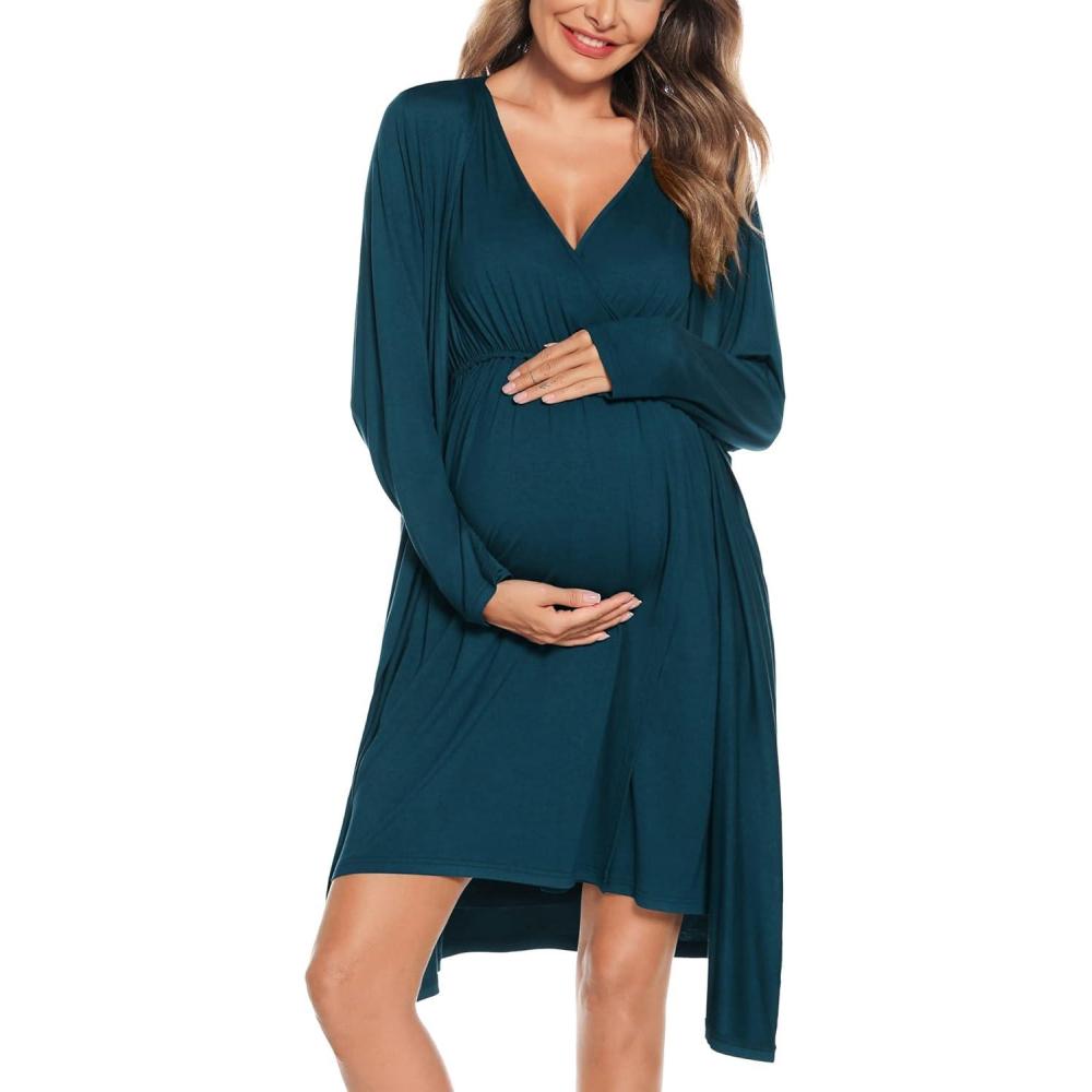 imageSWOMOG Women Maternity Nursing Gown and Robe Set 3 in 1 Labor Delivery Nursing Nightgown for Breastfeeding Hospital BathrobeBlue Green