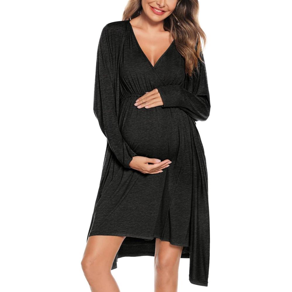 imageSWOMOG Women Maternity Nursing Gown and Robe Set 3 in 1 Labor Delivery Nursing Nightgown for Breastfeeding Hospital BathrobeDeep Black Grey