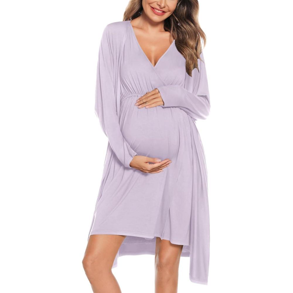 imageSWOMOG Women Maternity Nursing Gown and Robe Set 3 in 1 Labor Delivery Nursing Nightgown for Breastfeeding Hospital BathrobeLilac