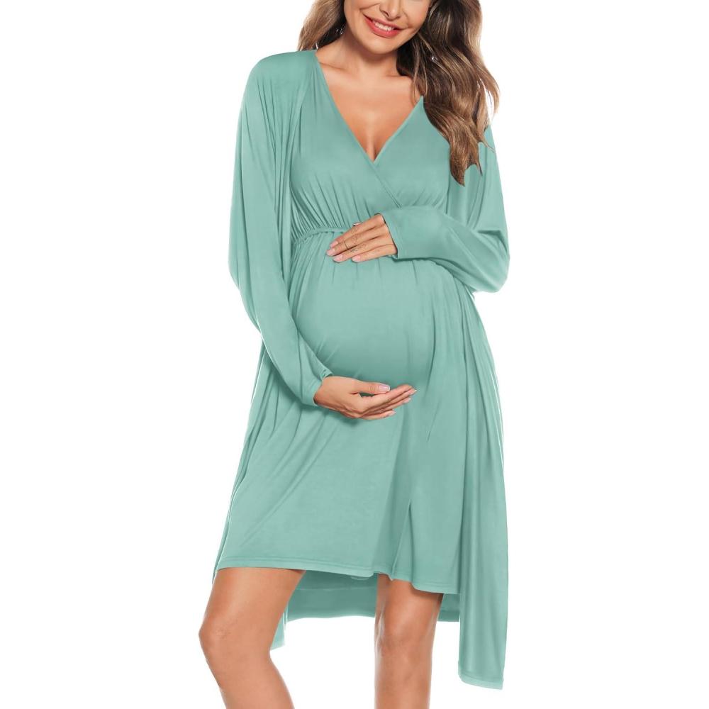 imageSWOMOG Women Maternity Nursing Gown and Robe Set 3 in 1 Labor Delivery Nursing Nightgown for Breastfeeding Hospital BathrobeSage Green